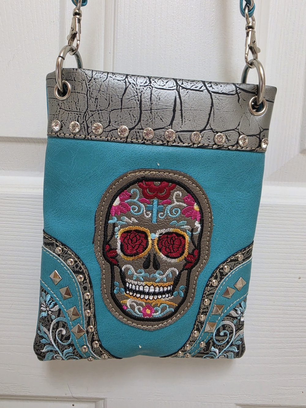 Women's Turquoise Day of the Dead Crossbody Bag - Embroidered Skull Accent